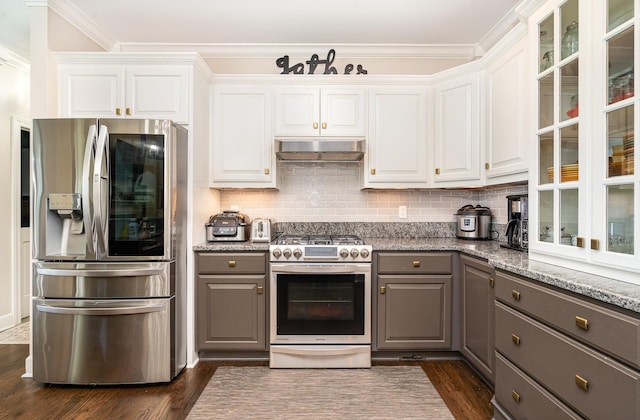 1640 Eno Rd, Dickson, TN 37055 - kitchen with stainless steel appliances, gray cabinets, under cabinet range hood, dark wood-type flooring, and white cabinetry