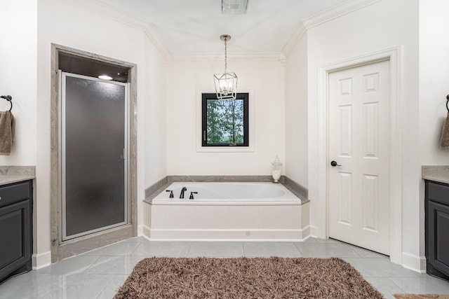 1640 Eno Rd, Dickson, TN 37055 - bathroom with vanity, a shower stall, a bath, ornamental molding, and tile patterned floors