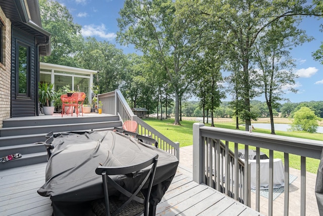 1640 Eno Rd, Dickson, TN 37055 - wooden terrace featuring a sunroom, a water view, a yard, view of wooded area, and stairway