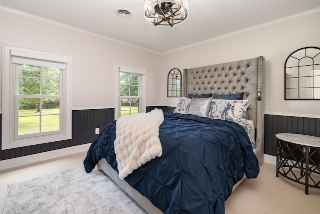 1640 Eno Rd, Dickson, TN 37055 - bedroom featuring carpet flooring, ornamental molding, a chandelier, and a wainscoted wall