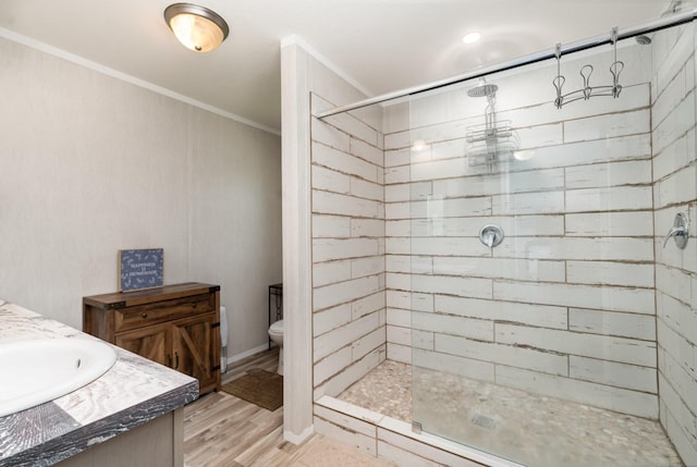 1640 Eno Rd, Dickson, TN 37055 - bathroom featuring ornamental molding, a stall shower, vanity, and wood finished floors