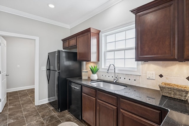 4613 Scottish Dr, Murfreesboro, TN 37128 - kitchen with black appliances, tasteful backsplash, dark stone counters, ornamental molding, and dark tile patterned floors