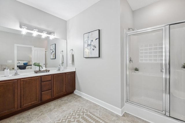 4613 Scottish Dr, Murfreesboro, TN 37128 - full bathroom featuring double vanity, a stall shower, ensuite bath, and tile patterned floors