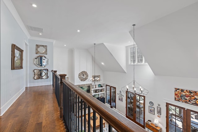 1049 Holly Tree Gap Rd, Brentwood, TN 37027 - hall with a chandelier, an upstairs landing, plenty of natural light, wood finished floors, and recessed lighting