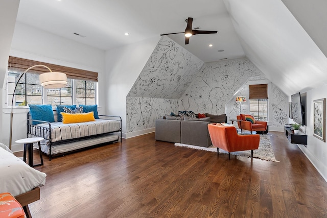 1049 Holly Tree Gap Rd, Brentwood, TN 37027 - living area with wood finished floors, a ceiling fan, lofted ceiling, and recessed lighting