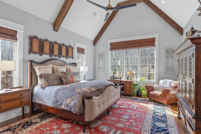 1049 Holly Tree Gap Rd, Brentwood, TN 37027 - bedroom with wood finished floors, beamed ceiling, a ceiling fan, and high vaulted ceiling