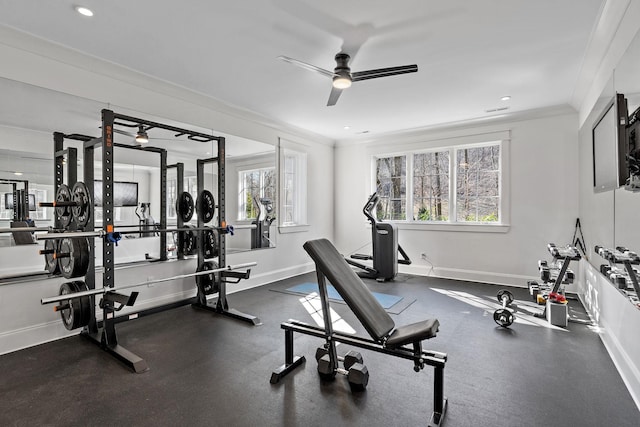 1049 Holly Tree Gap Rd, Brentwood, TN 37027 - gym featuring a ceiling fan, crown molding, and recessed lighting