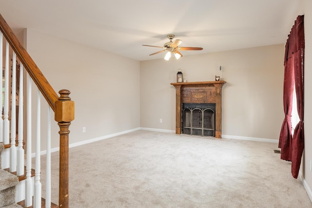 140 Janes Way NE, Cleveland, TN 37323 - unfurnished living room featuring ceiling fan, carpet flooring, stairway, and a fireplace