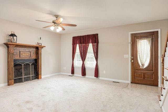 140 Janes Way NE, Cleveland, TN 37323 - unfurnished living room with ceiling fan, carpet floors, and a fireplace with flush hearth