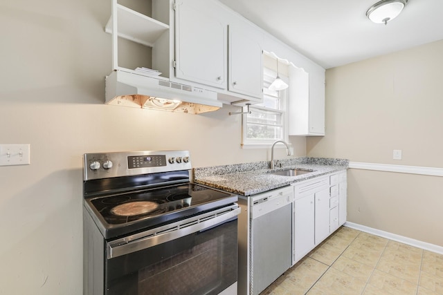 201 Sterry Ct, Antioch, TN 37013 - kitchen with appliances with stainless steel finishes, under cabinet range hood, white cabinets, open shelves, and light stone counters