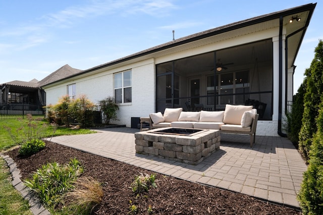 5726 Bridgemore Blvd, Murfreesboro, TN 37129 - view of patio / terrace with ceiling fan, a sunroom, and an outdoor living space with a fire pit