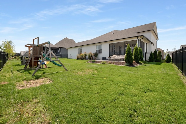 5726 Bridgemore Blvd, Murfreesboro, TN 37129 - back of house featuring a playground, a fenced backyard, and a sunroom