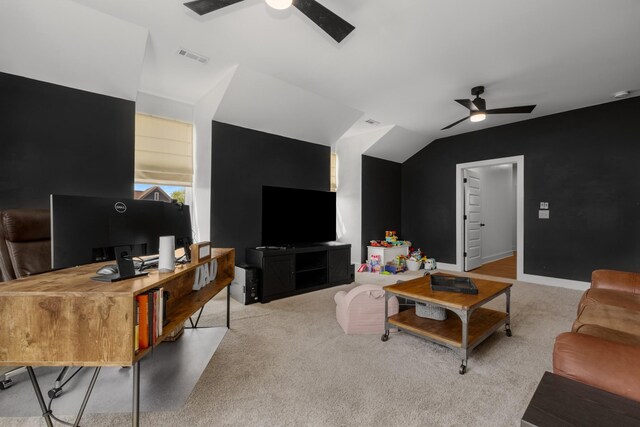 5726 Bridgemore Blvd, Murfreesboro, TN 37129 - living room featuring a ceiling fan, carpet floors, a desk, and lofted ceiling