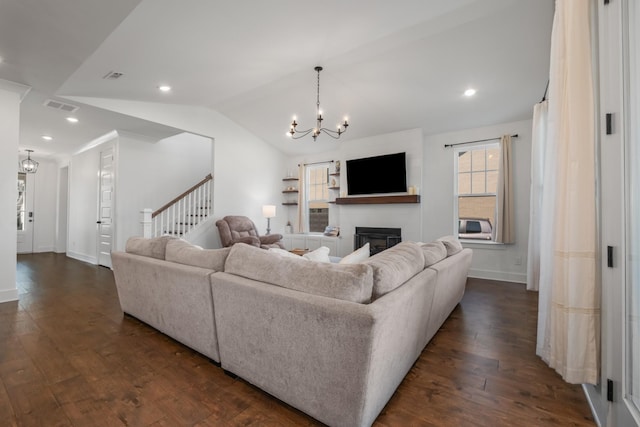 5726 Bridgemore Blvd, Murfreesboro, TN 37129 - living room with lofted ceiling, a chandelier, stairway, dark wood-style floors, and recessed lighting