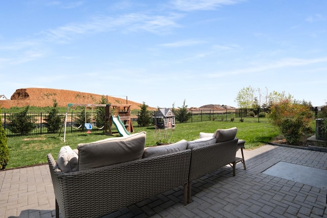 5726 Bridgemore Blvd, Murfreesboro, TN 37129 - fenced backyard featuring a playground, a patio area, and an outdoor hangout area