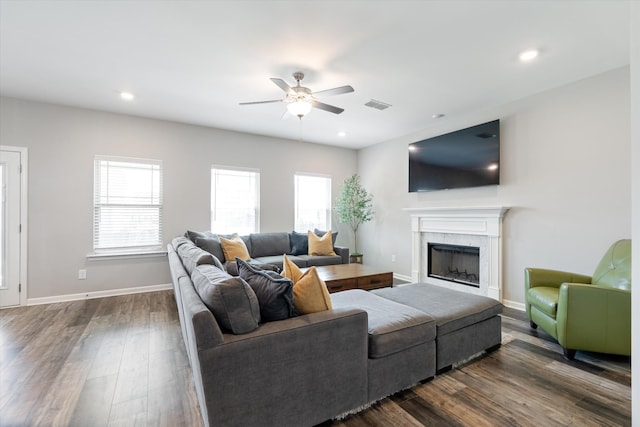509 Eagleview Dr, Eagleville, TN 37060 - living room featuring ceiling fan, dark wood-style flooring, a fireplace, and recessed lighting