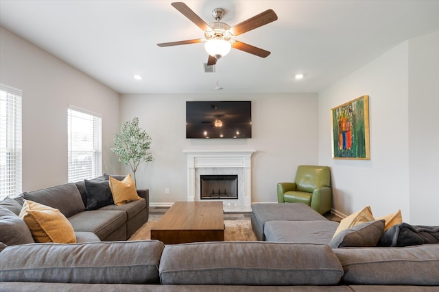 509 Eagleview Dr, Eagleville, TN 37060 - living area featuring a ceiling fan, a fireplace, and recessed lighting