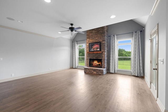 1118 Averwater Run, Murfreesboro, TN 37128 - unfurnished living room with lofted ceiling, a fireplace, wood finished floors, a ceiling fan, and recessed lighting