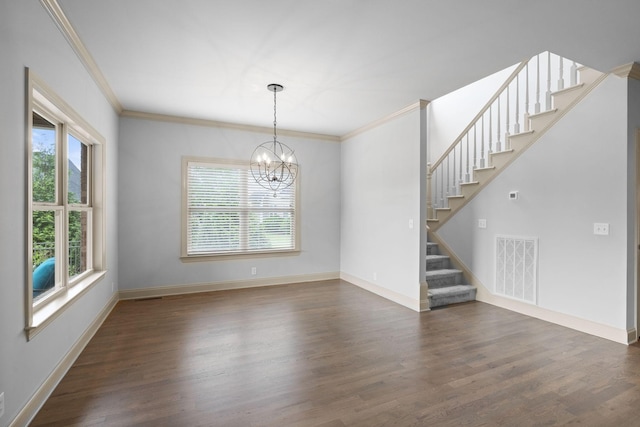 1118 Averwater Run, Murfreesboro, TN 37128 - spare room with stairway, a chandelier, dark wood-style floors, and crown molding
