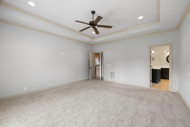 1118 Averwater Run, Murfreesboro, TN 37128 - unfurnished bedroom with ornamental molding, a tray ceiling, light colored carpet, recessed lighting, and connected bathroom