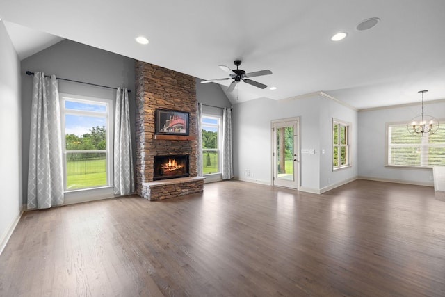 1118 Averwater Run, Murfreesboro, TN 37128 - unfurnished living room featuring vaulted ceiling, a fireplace, wood finished floors, a chandelier, and a ceiling fan