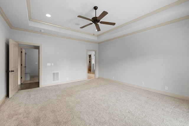 1118 Averwater Run, Murfreesboro, TN 37128 - spare room with ornamental molding, a tray ceiling, a ceiling fan, carpet floors, and recessed lighting