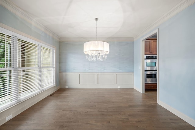 1118 Averwater Run, Murfreesboro, TN 37128 - unfurnished dining area with a chandelier, ornamental molding, and dark wood finished floors