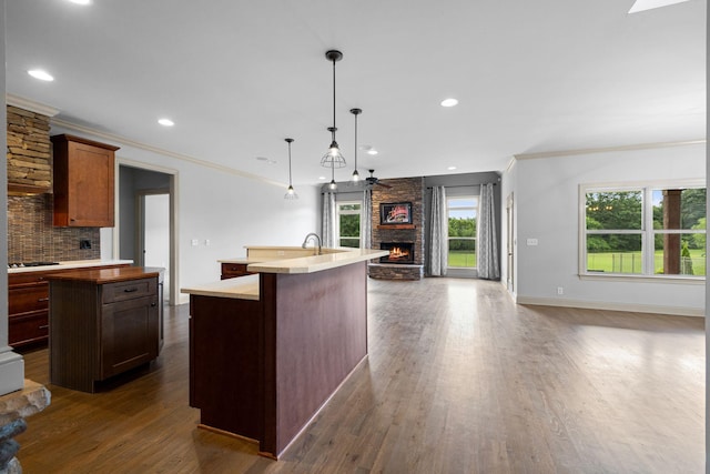 1118 Averwater Run, Murfreesboro, TN 37128 - kitchen featuring a center island with sink, a fireplace, dark wood finished floors, ornamental molding, and open floor plan