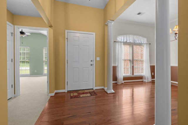 225 Cobblestone Lndg, Mount Juliet, TN 37122 - entrance foyer with ornate columns, wood finished floors, a ceiling fan, and ornamental molding