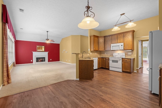 225 Cobblestone Lndg, Mount Juliet, TN 37122 - kitchen with white appliances, ceiling fan, open floor plan, dark wood-type flooring, and vaulted ceiling