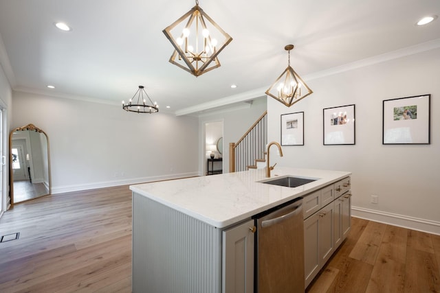 1015 Amelia Ct, Chattanooga, TN 37412 - kitchen with a chandelier, dishwasher, recessed lighting, light wood-style floors, and ornamental molding