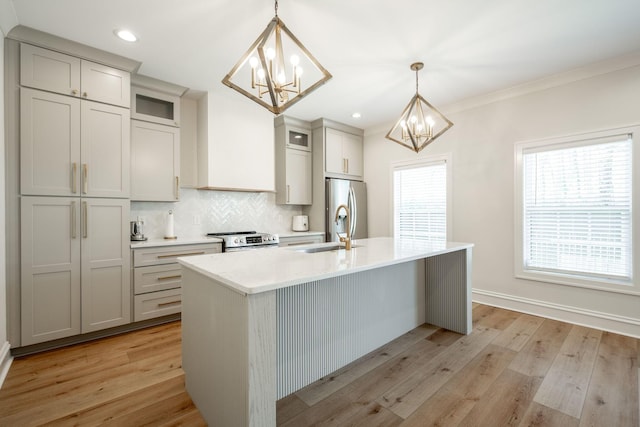 1015 Amelia Ct, Chattanooga, TN 37412 - kitchen featuring a chandelier, stainless steel appliances, a kitchen island with sink, light countertops, and backsplash