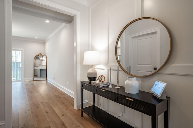 1015 Amelia Ct, Chattanooga, TN 37412 - hall featuring ornamental molding, light wood finished floors, and recessed lighting