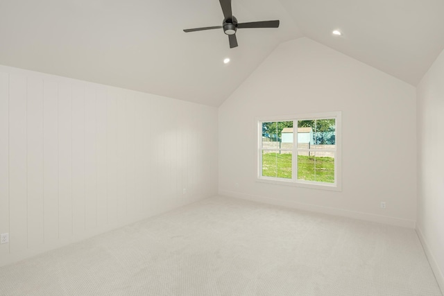 8668 Woodbury Acre Ct, Harrison, TN 37341 - empty room featuring light colored carpet, ceiling fan, recessed lighting, and vaulted ceiling