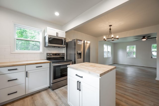 35 Agnes Ave, Chattanooga, TN 37406 - kitchen with appliances with stainless steel finishes, wood counters, light wood finished floors, open floor plan, and backsplash