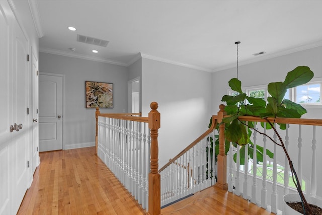 715 Forest Ave, Chattanooga, TN 37405 - hall featuring an upstairs landing, light wood-style flooring, recessed lighting, and ornamental molding