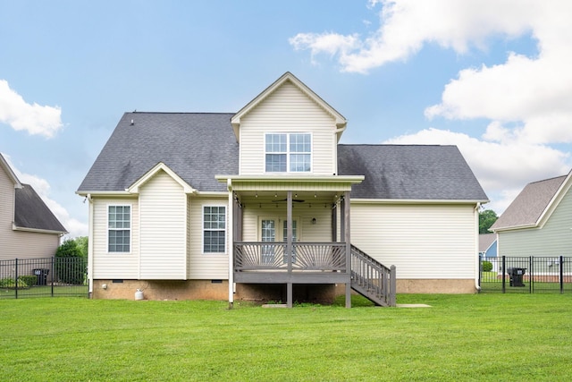 8539 Lexie Ln, Ooltewah, TN 37363 - rear view of house featuring crawl space, a wooden deck, a fenced backyard, stairway, and roof with shingles