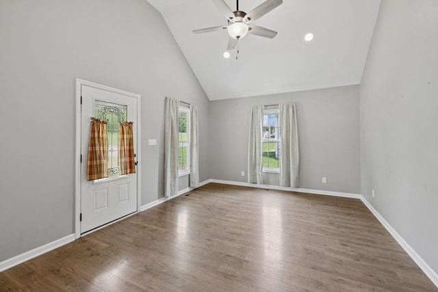 521 5th Ave N, Lewisburg, TN 37091 - foyer entrance featuring a ceiling fan, high vaulted ceiling, wood finished floors, and recessed lighting