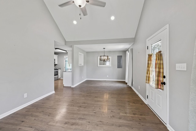 521 5th Ave N, Lewisburg, TN 37091 - unfurnished living room featuring ceiling fan, a chandelier, high vaulted ceiling, recessed lighting, and dark wood-type flooring