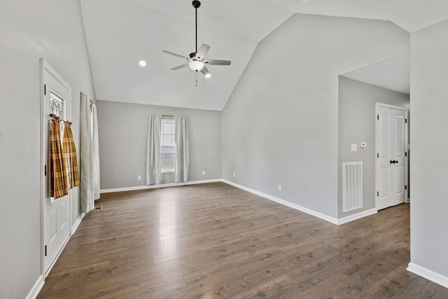 521 5th Ave N, Lewisburg, TN 37091 - spare room with a ceiling fan, dark wood finished floors, high vaulted ceiling, and recessed lighting