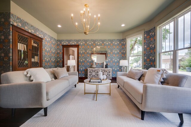 414 W College St, Dickson, TN 37055 - living room featuring a chandelier and recessed lighting