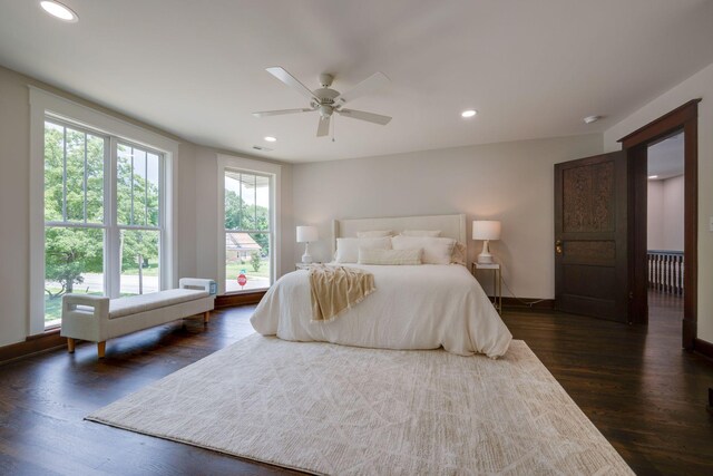 414 W College St, Dickson, TN 37055 - bedroom with dark wood-type flooring, recessed lighting, and a ceiling fan