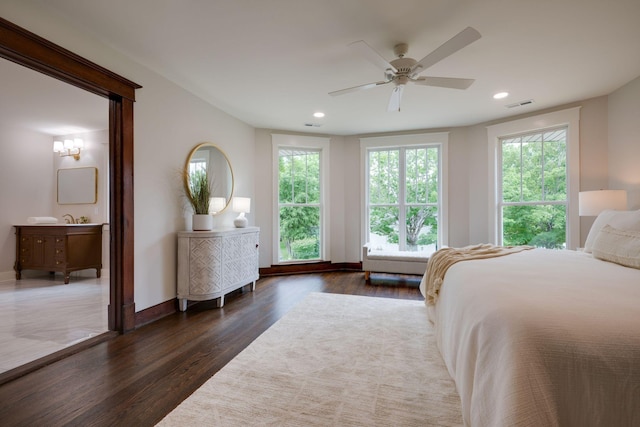 414 W College St, Dickson, TN 37055 - bedroom featuring dark wood-type flooring, recessed lighting, ceiling fan, and ensuite bathroom