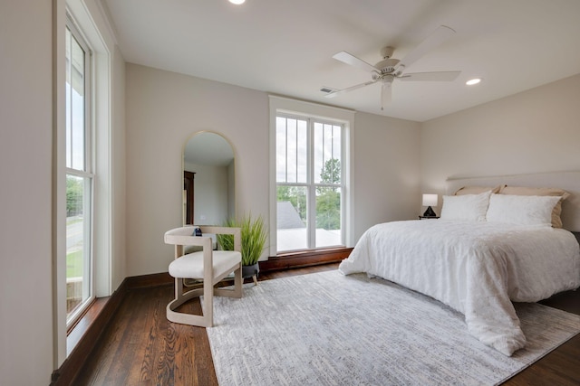 414 W College St, Dickson, TN 37055 - bedroom with dark wood-style flooring, recessed lighting, and a ceiling fan