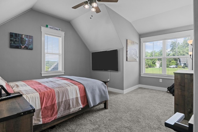 1014 Douglas Ct, Dickson, TN 37055 - carpeted bedroom with multiple windows, vaulted ceiling, and ceiling fan