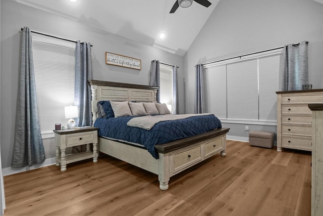 1014 Douglas Ct, Dickson, TN 37055 - bedroom with light wood finished floors, high vaulted ceiling, ceiling fan, and recessed lighting