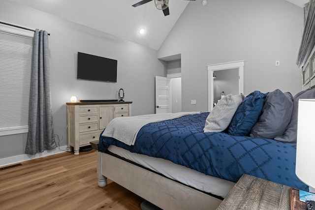 1014 Douglas Ct, Dickson, TN 37055 - bedroom featuring light wood-style flooring, ceiling fan, high vaulted ceiling, and recessed lighting