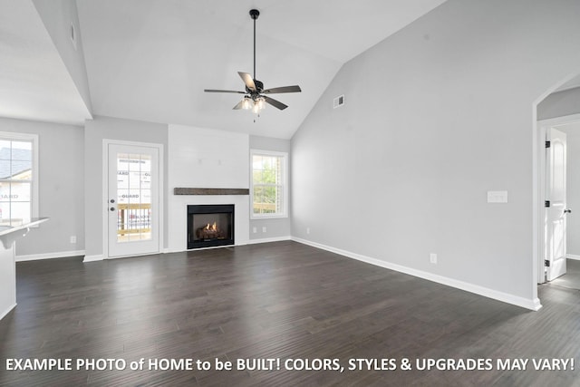 1988 Flats Rd, Cunningham, TN 37052 - unfurnished living room featuring a ceiling fan, dark wood finished floors, a fireplace, and high vaulted ceiling