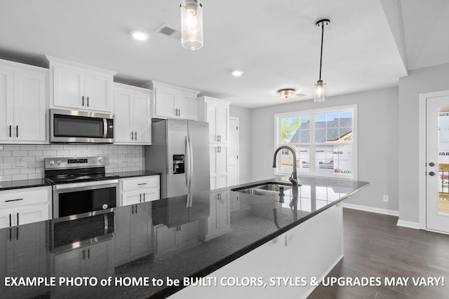 1988 Flats Rd, Cunningham, TN 37052 - kitchen with stainless steel appliances, white cabinetry, dark wood-type flooring, backsplash, and pendant lighting