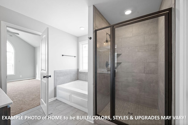 1988 Flats Rd, Cunningham, TN 37052 - bathroom with a garden tub, a shower stall, vanity, tile patterned floors, and recessed lighting